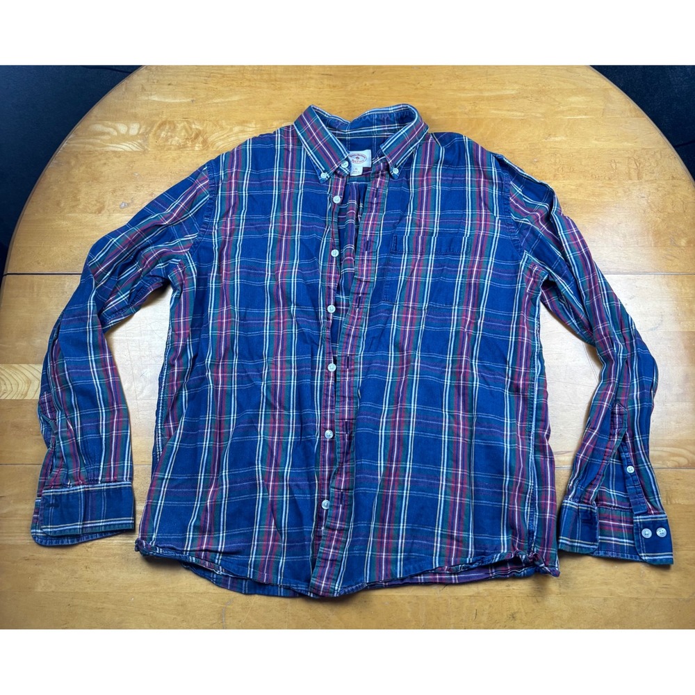 Brooks Brothers Red Fleece Mens XL Plaid Button Down Shirt Navy Blue Long Sleeve